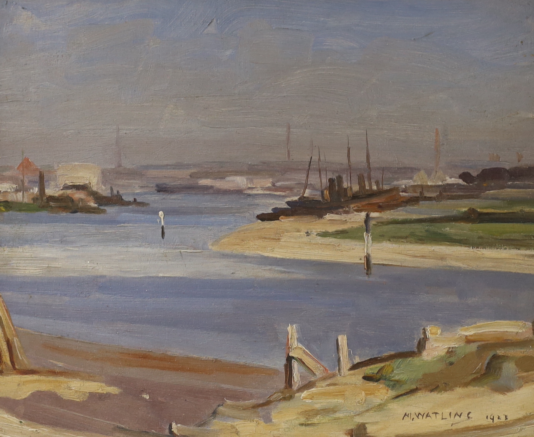 Meredith Watling (20th century) Impressionist oil on board, 'Oulton Broad looking towards Yarmouth', signed and dated 1923, 26 x 21cm